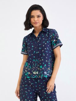 ELLE - Womens Blue Printed Relaxed Fit Shirt