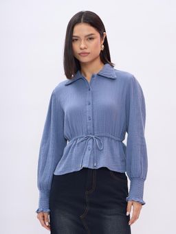ELLE - Womens Blue Solid Relaxed Fit Shirt