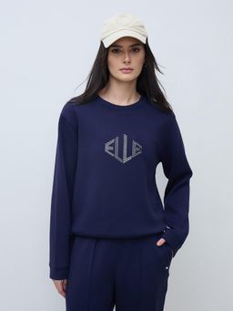 ELLE - Womens Navy Blue Solid Round Neck Sweatshirt