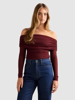 Forever New - Wine Kaia Ruched Mesh Bardot Top