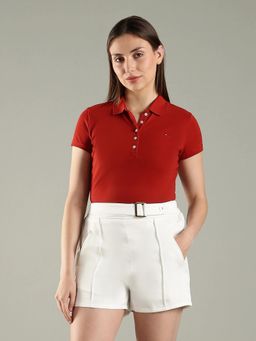 Tommy Hilfiger - Womens Red Solid Slim Fit Cotton Polo T-Shirt