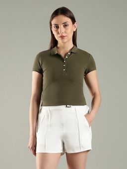 Tommy Hilfiger - Womens Green Solid Slim Fit Cotton Polo T-Shirt