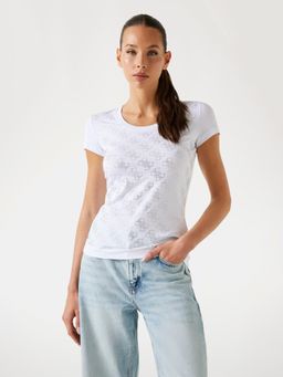 Guess - Womens White Cotton Monogram Slim Fit T-Shirt