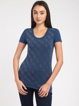 Guess - Womens Blue Embellished Round Neck Top