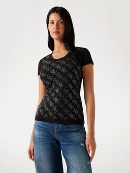 Guess - Womens Black Cotton Monogram Slim Fit T-Shirt