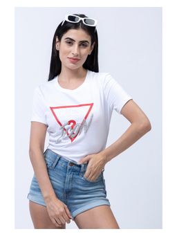 Guess - Womens White Cotton Logo Regular Fit Half Sleeves T-Shirt
