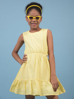 CRIMSOUNE CLUB - Girls Yellow Checks Sleeveless A-Line Dress