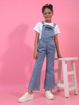 CRIMSOUNE CLUB - Girls Light Blue Bootcut Denim Dungaree