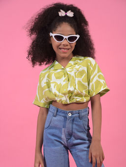 CRIMSOUNE CLUB - Girls Olive Abstract Print Cropped Shirt