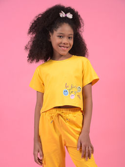 CRIMSOUNE CLUB - Girls Yellow Typographic Print T-Shirt