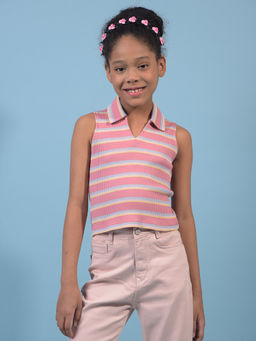 CRIMSOUNE CLUB - Girls Pink Horizontal Stripes Sleeveless T-Shirt