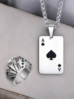 OOMPH - Silver Stainless Steel Ace Of Spade Pendant Chain with Biker Punk Ring