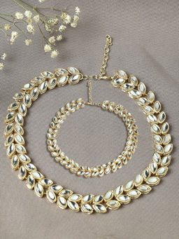 OOMPH - White Gold Kundan Choker Necklace with Bracelet Set