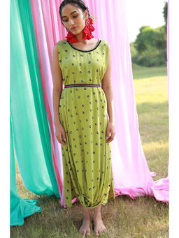 Aapro Label - Green Boxy Draped Dress with Belt (Set of 2)