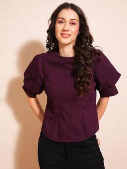 Globus - Women Burgundy Puff Sleeve Round Neck Shirt Style Workwear Top With Back Button