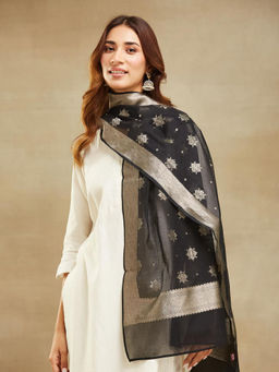 Fabindia - Black Cotton Silk Blend Woven Stole