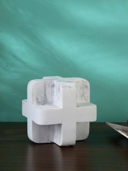 At Home by Nilkamal - Cross Cube Marble Finish Polyresin Table Decor Showpiece (White)