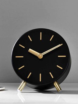 At Home by Nilkamal - Round Shape Metal Table Clock (Black & Gold)