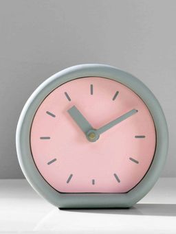 At Home by Nilkamal - Round With Flat Base Wooden MDF Table Clock (Pink & Grey)