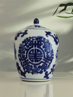At Home by Nilkamal - Decorative Porcelain Small Lidded Jar Vase (Blue & White)