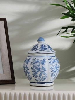 At Home by Nilkamal - Decorative Porcelain Lidded Jar Vase (Blue & White)