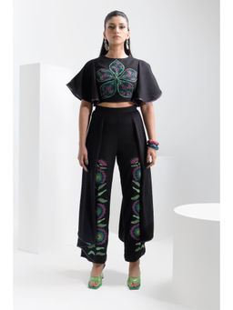 THE SILK LOVE - Women Cotton Slub Embroidered Black Co-Ord Set