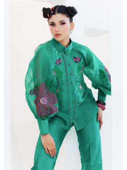 THE SILK LOVE - Women Organza Embroidered Green Shirt