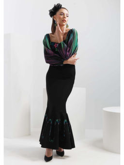 THE SILK LOVE - Women Lycra Floral Black Crop Top with Skirt