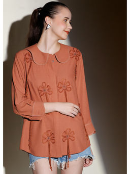 THE SILK LOVE - Women Cotton Blend Embroidered Peach Shirt