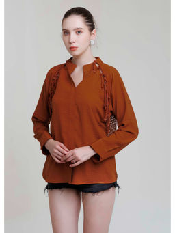 THE SILK LOVE - Women Crochet Self Design Brown Top