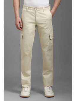 Louis Philippe - Men Cream Slim Fit Solid Flat Front Casual Trouser