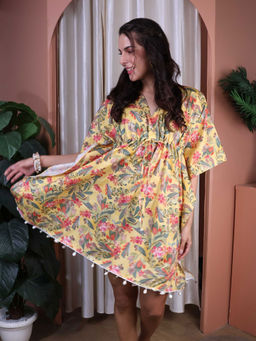 ALLUREARMOIRE - Cotton Floral Printed Kaftan Mini Dress