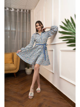 ALLUREARMOIRE - Women Floral Printed Pure Cotton A-Line Mini Dress with Belt