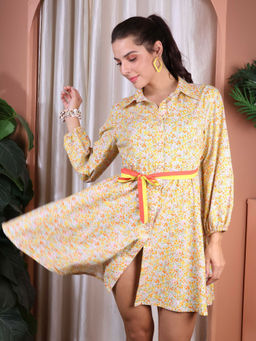 ALLUREARMOIRE - Women Floral Printed A-Line Mini Dress with Belt