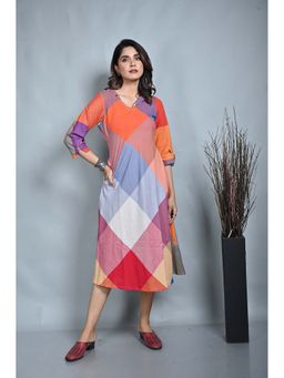 EARTHWEAR - Orange Checks Printed Long Bias Dress