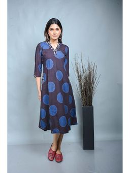 EARTHWEAR - Navy Blue Ajrakh Block Printed Bias Dress with Kantha Detailing All Over