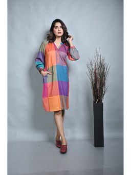 EARTHWEAR - Multi-Color Checks Printed Reglan Sleeves Dress