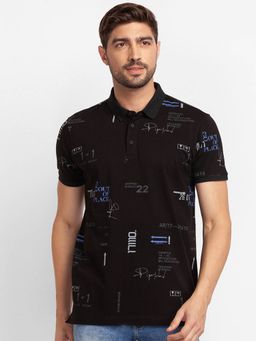 Spykar - Black Cotton Half Sleeve Printed Casual Polo T-Shirt for Men