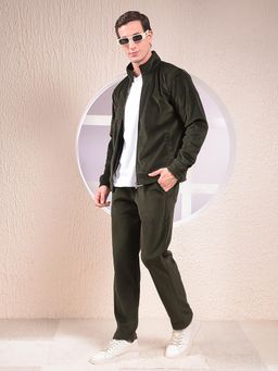 CRIMSOUNE CLUB - Men Green Knitted with Button and Zip Closure Trackpant