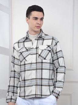 CRIMSOUNE CLUB - Men's White Checked Knitted Shacket