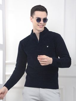CRIMSOUNE CLUB - Men Navy Blue Polyester Blend Textured Sweater