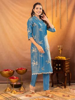 Kasya - Women Blue Tissue Embroidered Co-Ord (Set of 2)