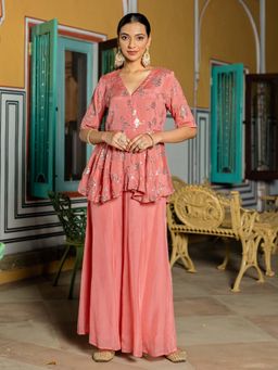 Kasya - Women Pink Chinon Embroidered Co-Ord (Set of 2)