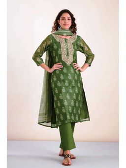 HERITAGE - Women Green Chanderi Floral Kurta with Pant and Dupatta (Set of 3)