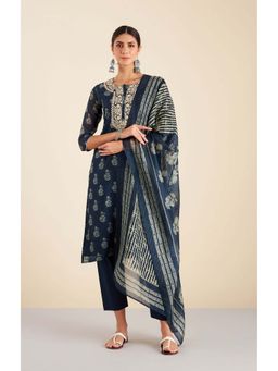 HERITAGE - Women Navy Blue Chanderi Floral Kurta with Pant and Dupatta (Set of 3)