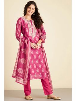 HERITAGE - Women Pink Chanderi Floral Kurta with Pant and Dupatta (Set of 3)