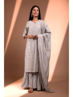 HERITAGE - Women Grey Chanderi Embroidered Kurta with Sharara and Dupatta (Set of 3)