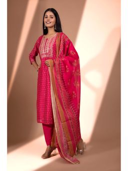 HERITAGE - Women Pink Chanderi Embroidered Kurta with Pant and Dupatta (Set of 3)