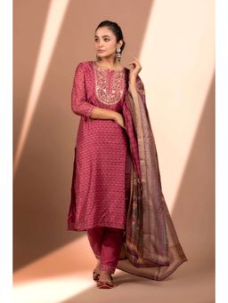 HERITAGE - Women Red Chanderi Embroidered Kurta with Pant and Dupatta (Set of 3)