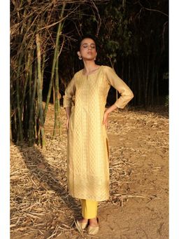 HERITAGE - Women Mustard Chanderi Embroidered Kurta with Pant (Set of 2)